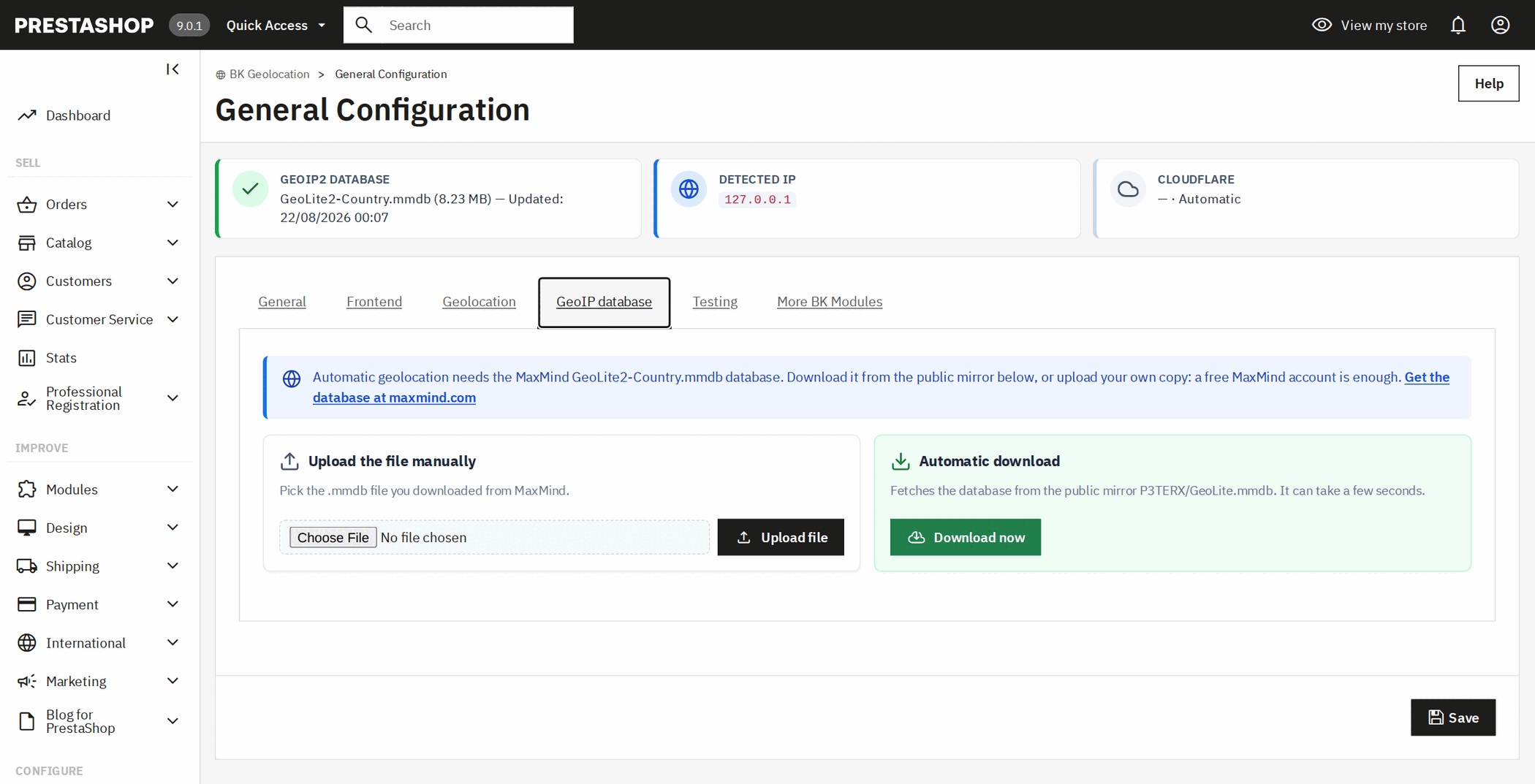 GeoIP database screen in PrestaShop: automatic GeoLite2 download or manual upload of the mmdb file