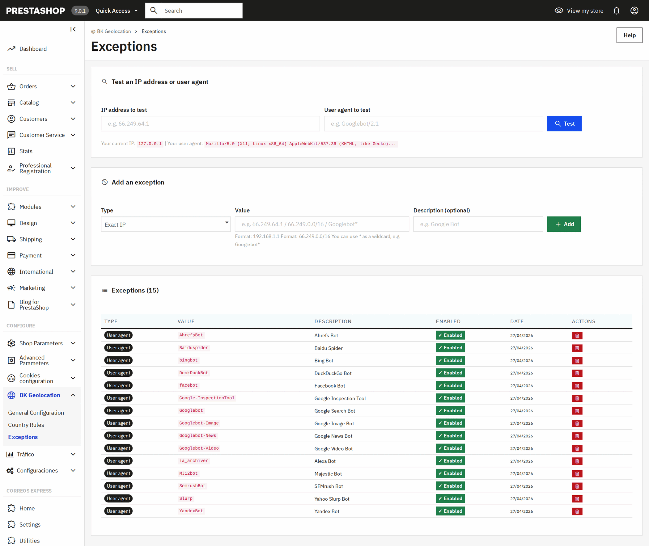 Exceptions in the PrestaShop geolocation module: search engine bots and IP addresses excluded from the automatic redirect