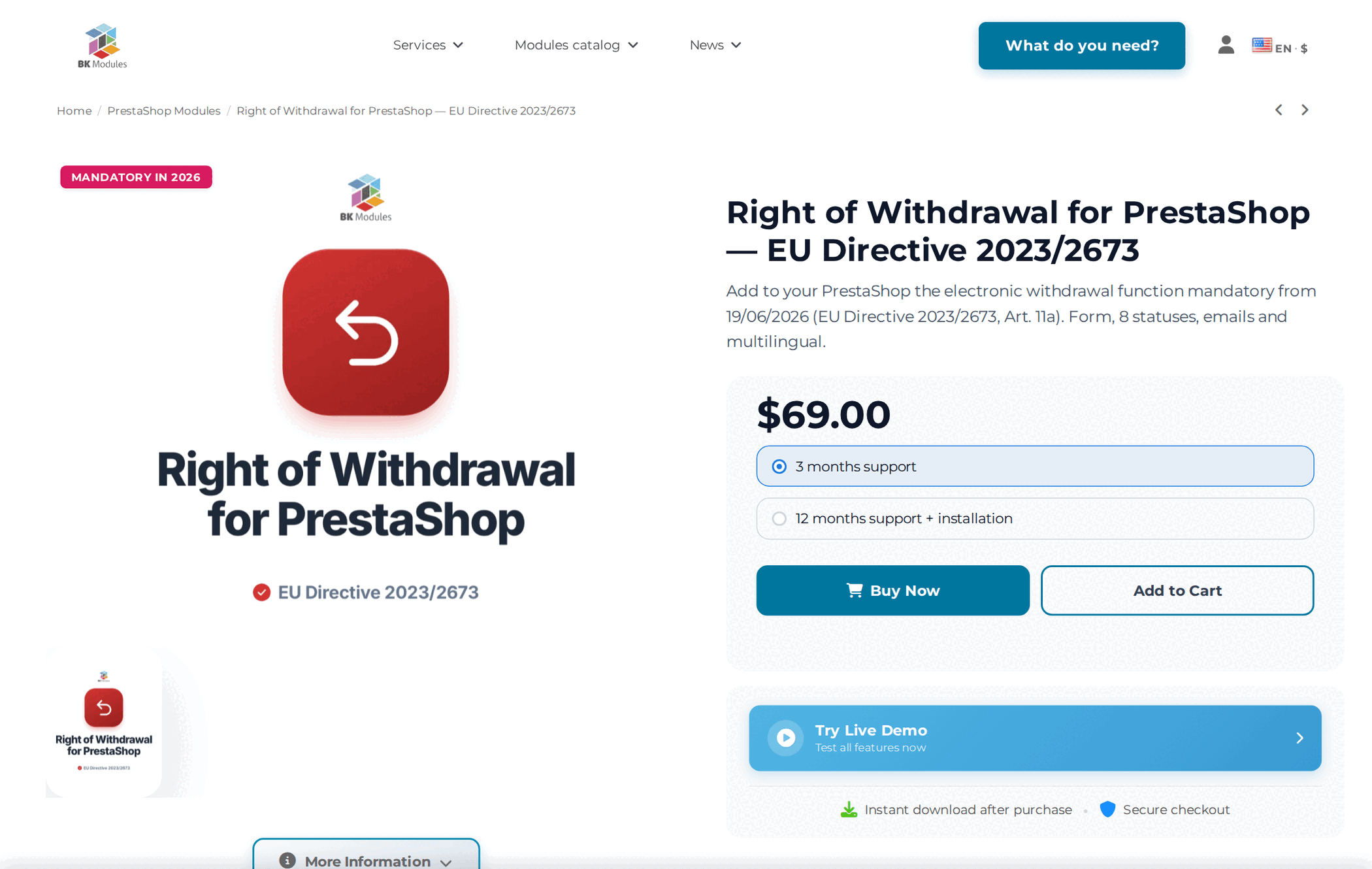 PrestaShop product page priced in dollars for a visitor from the United States, with the country selector in the header