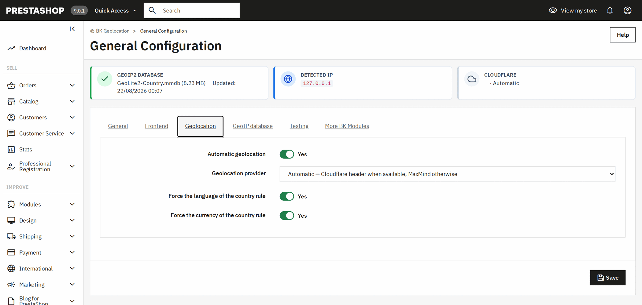 Geolocation provider setting in PrestaShop: Cloudflare, MaxMind or automatic