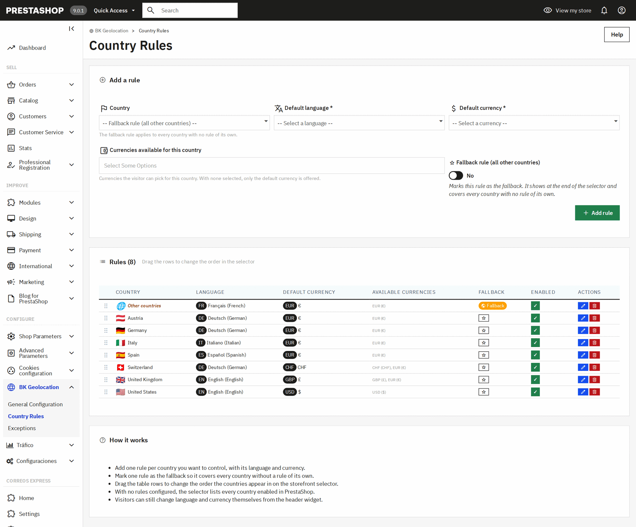 Country rules of the PrestaShop geolocation module: language, default currency and available currencies for each country