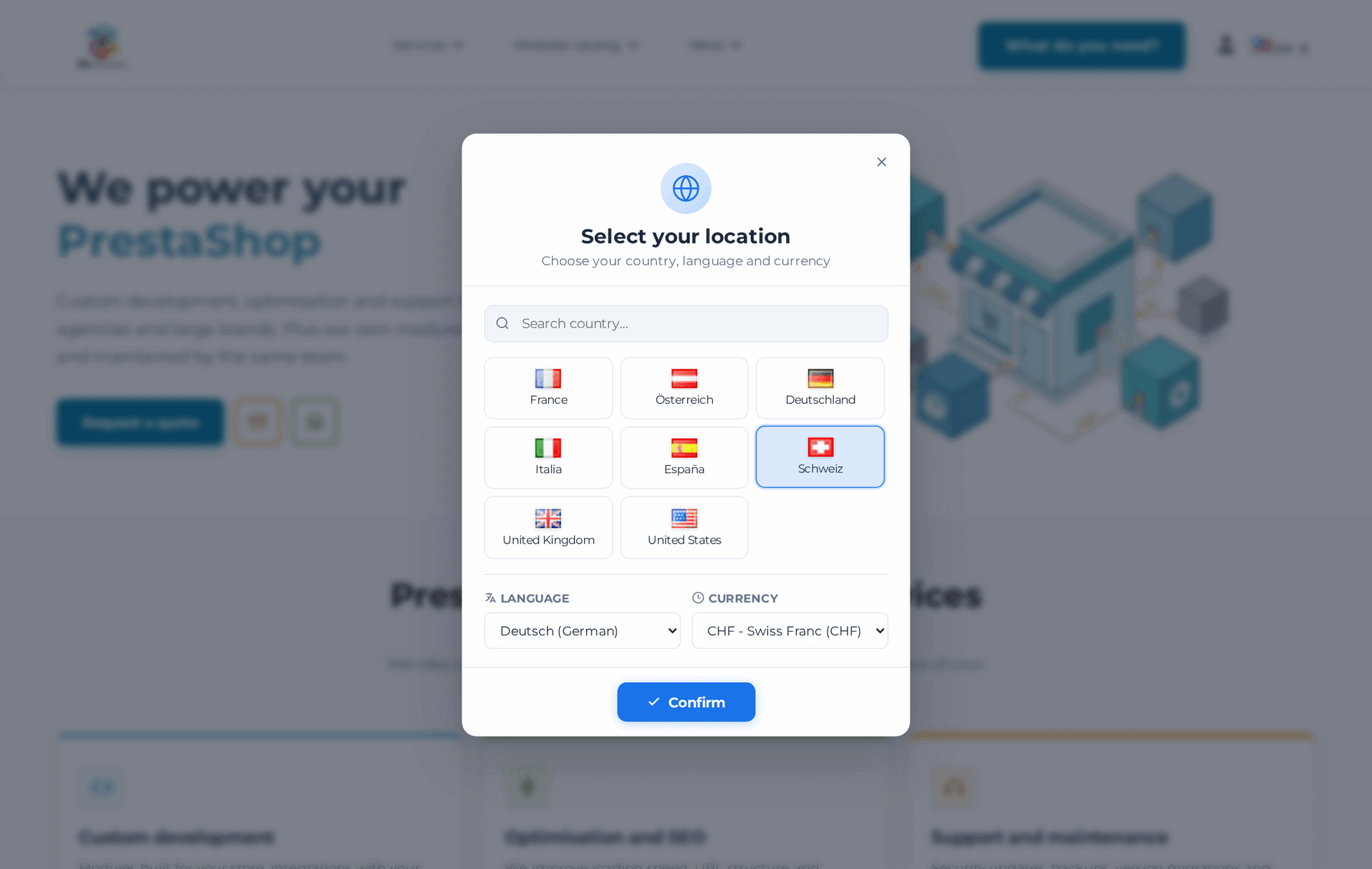 PrestaShop country, language and currency selector with country names in their own language and Switzerland selected with Swiss francs