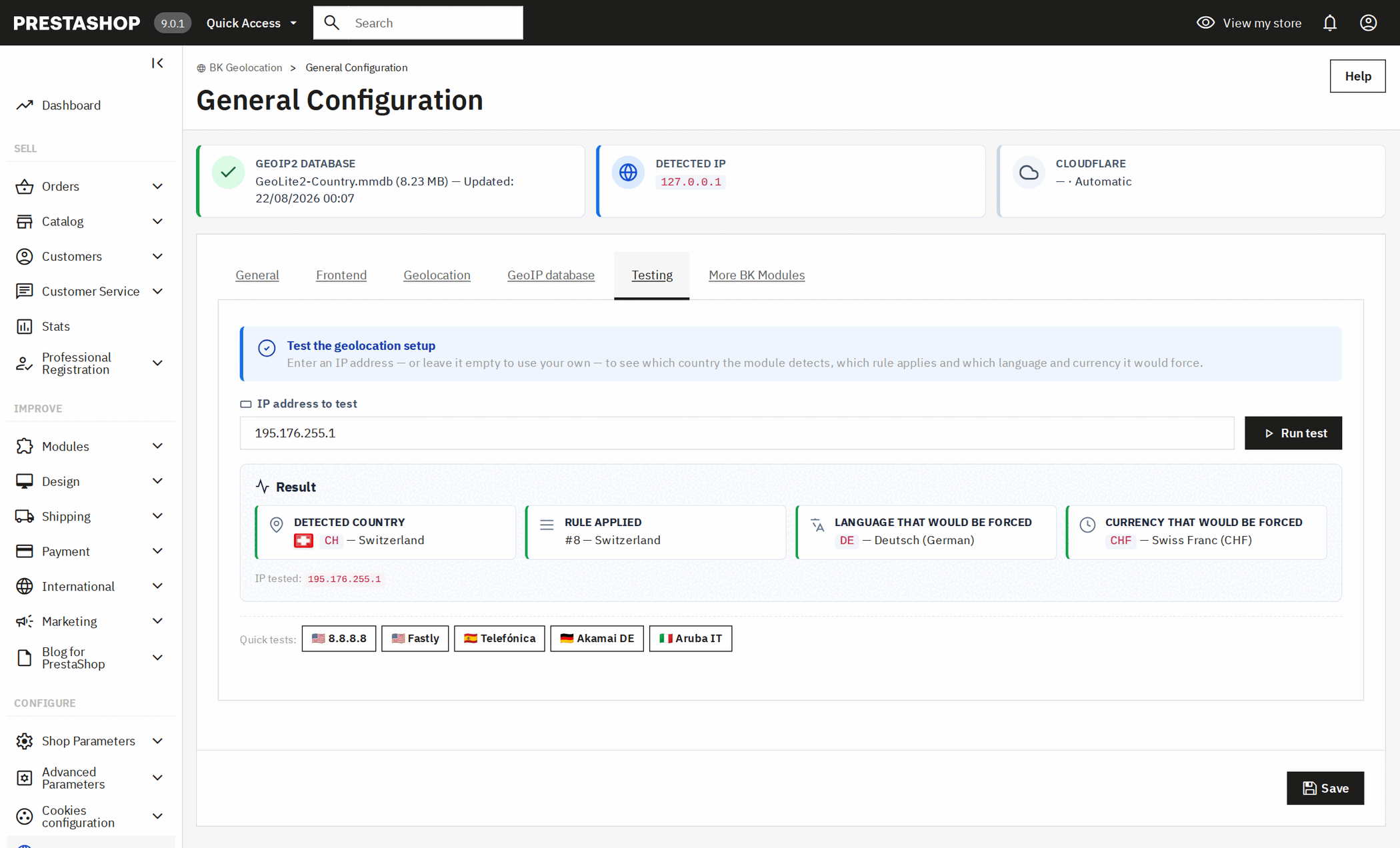 IP geolocation test in PrestaShop: detected country, rule applied, language and currency that would be forced