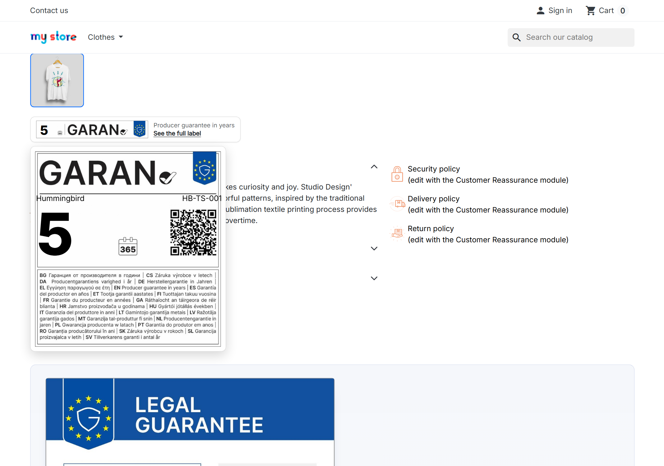 GARAN producer durability guarantee label on a PrestaShop product page