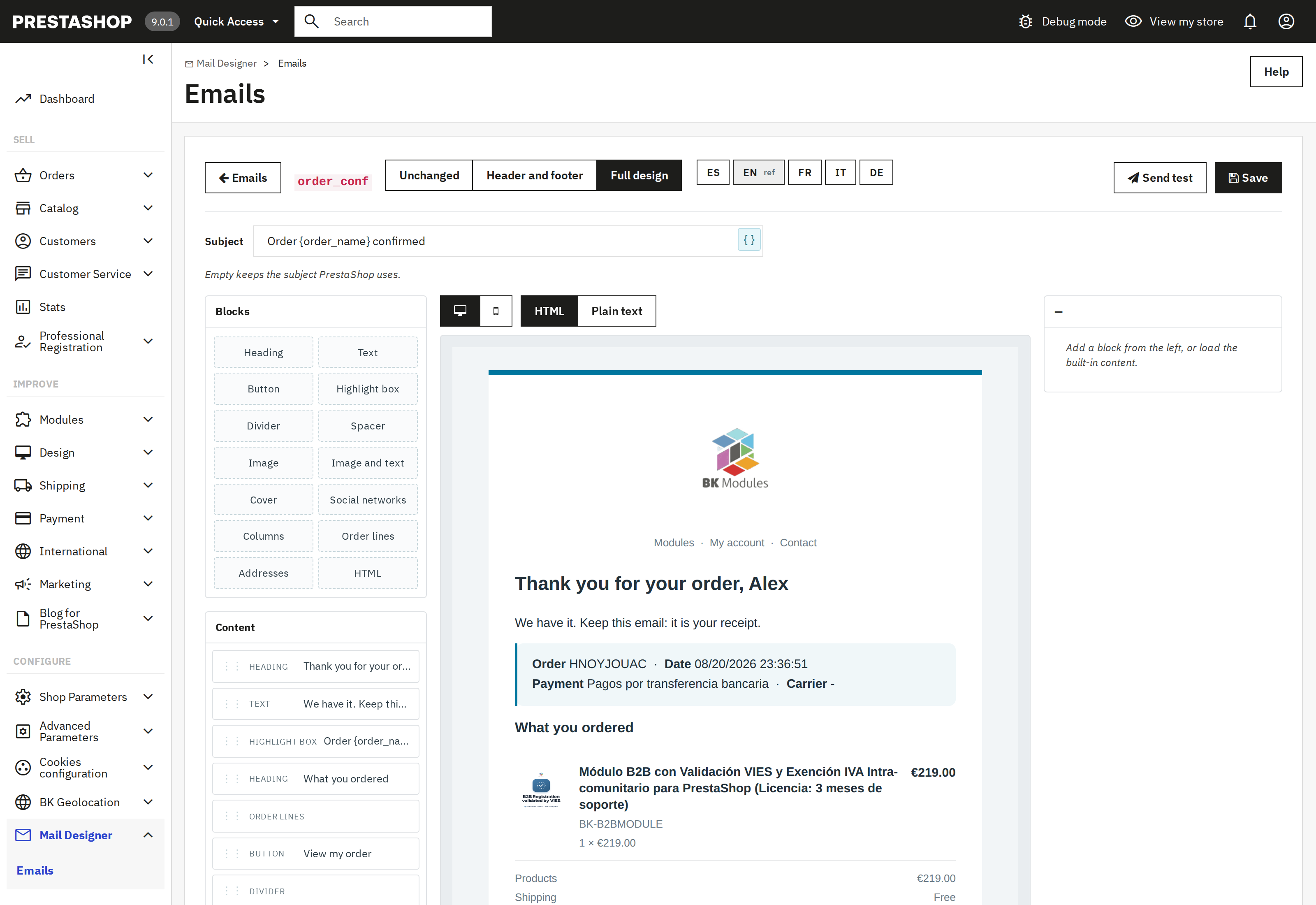 The block editor with the live preview of the email beside it