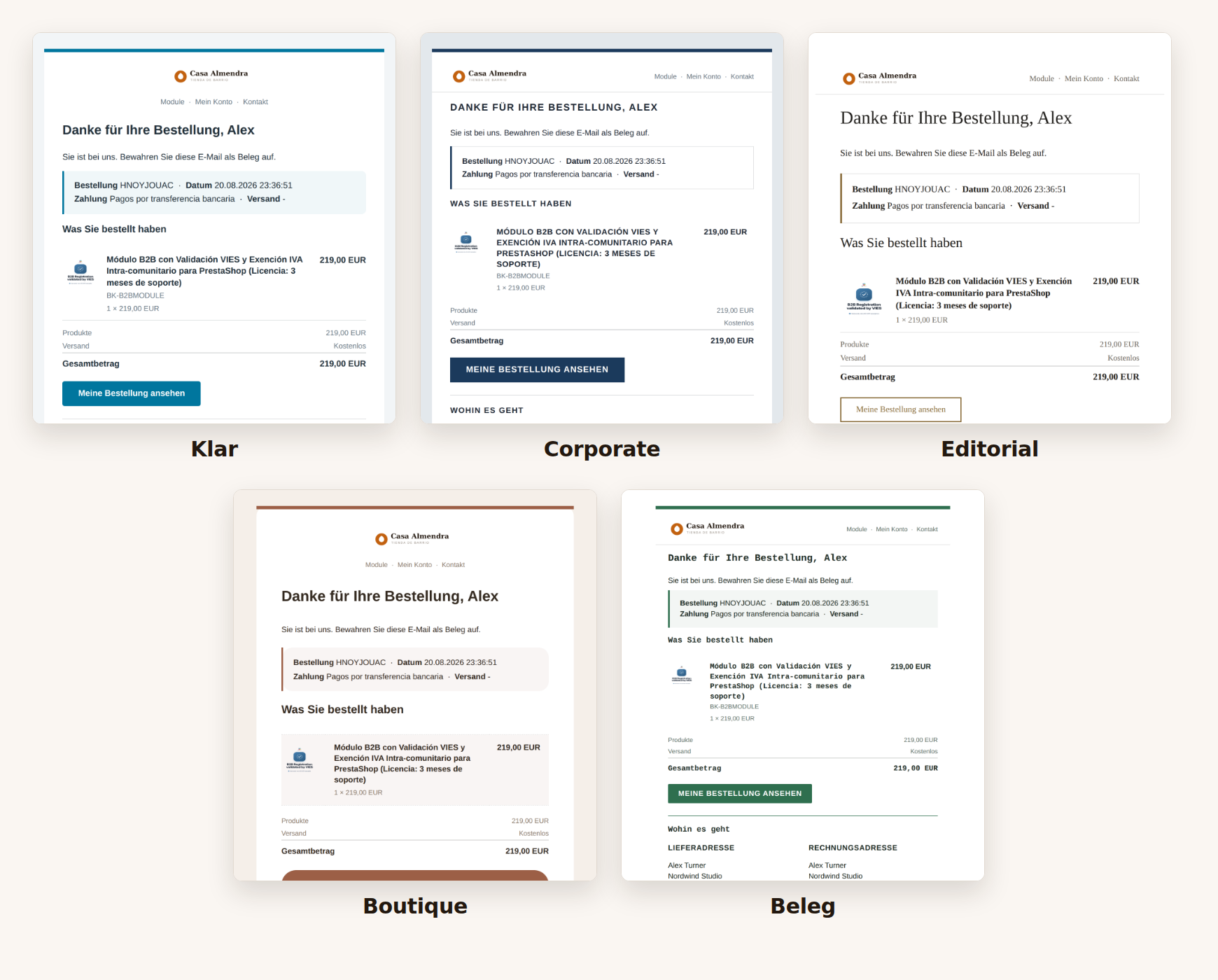 The five email designs, the same order rendered with each one