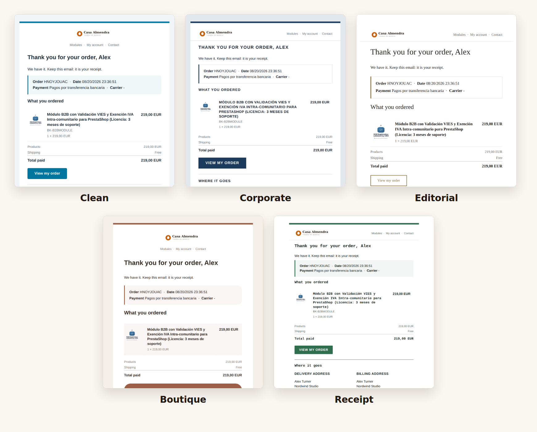 The five email designs, the same order rendered with each one