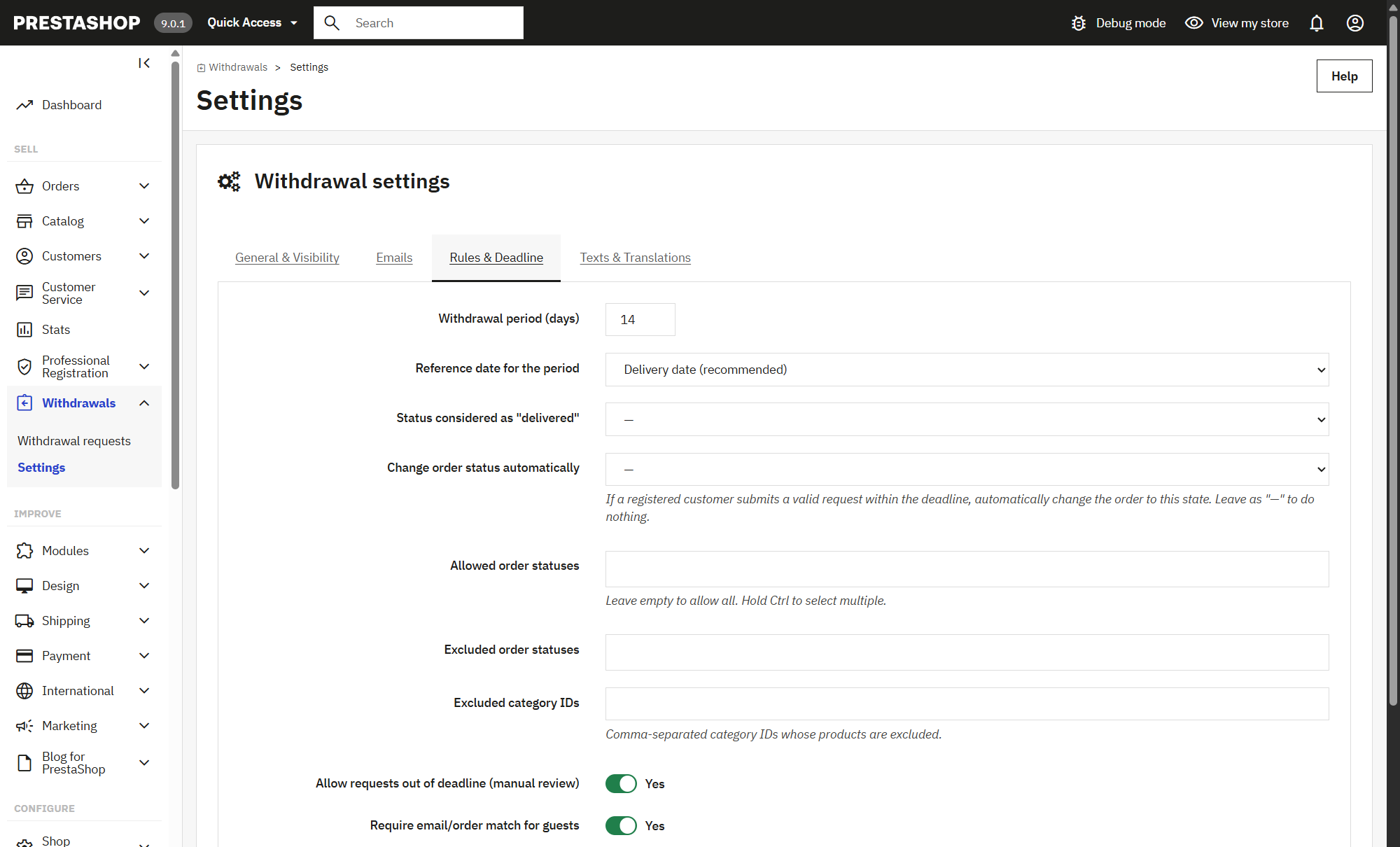 Configuration panel of the PrestaShop withdrawal module compliant with Directive 2023/2673