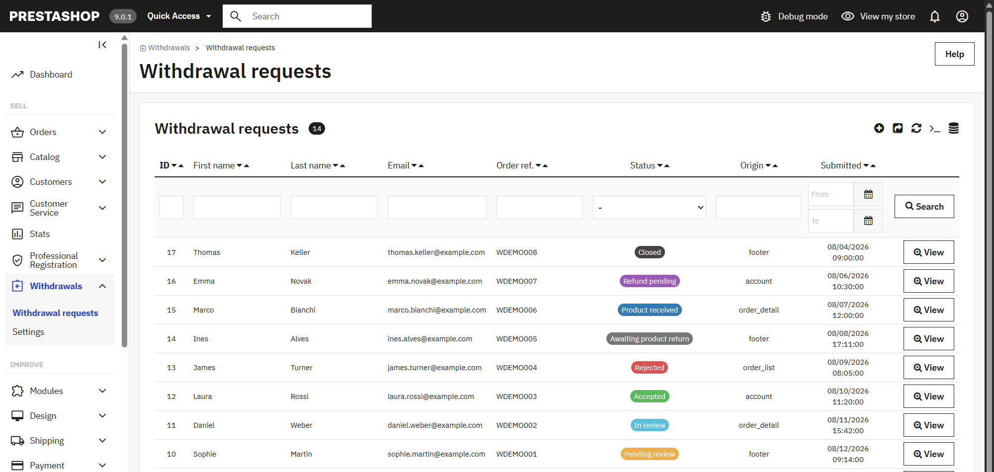 Managing withdrawal requests in the PrestaShop back office under Directive 2023/2673